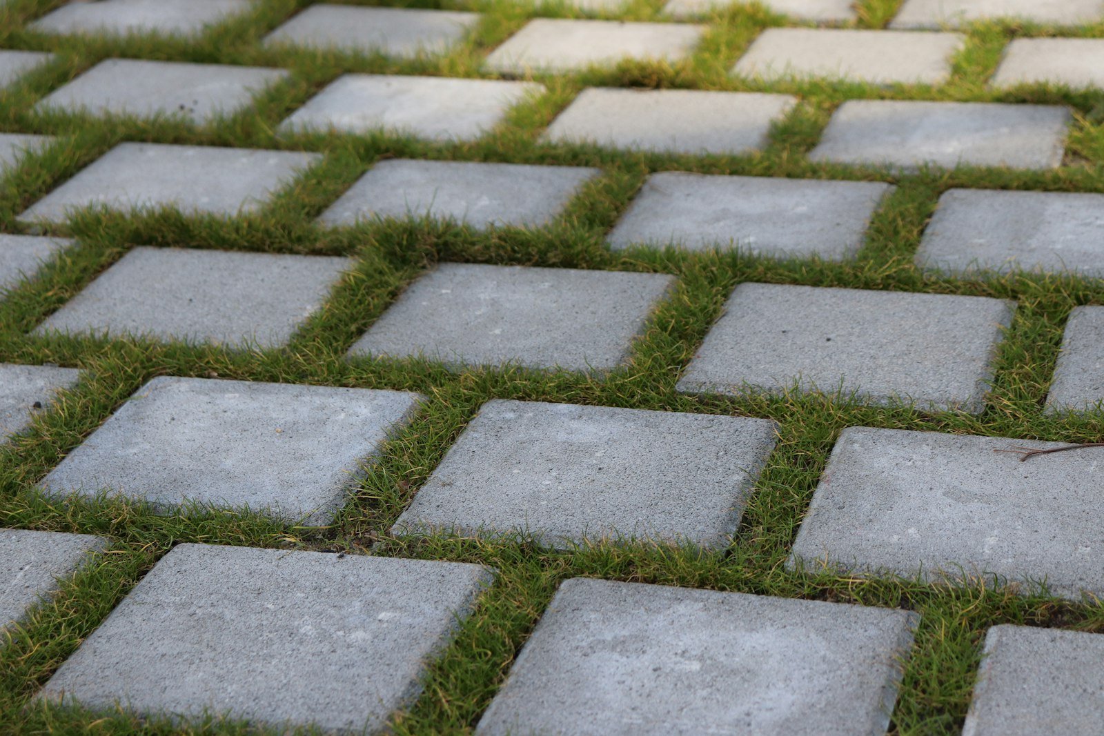 Dalles de terrasse extérieures posées avec joints engazonnés